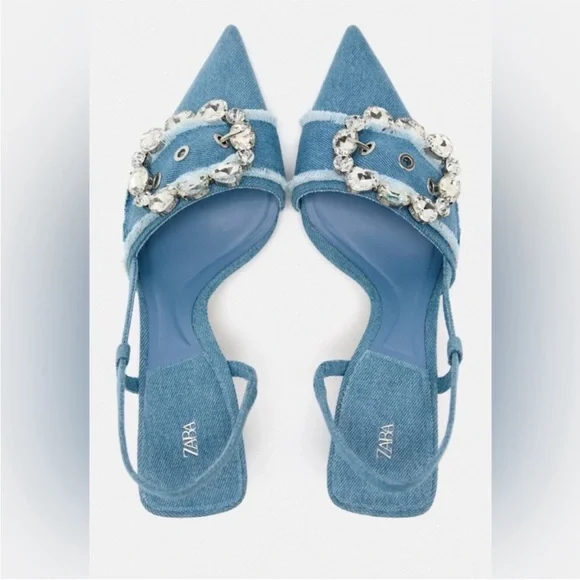 Women's Zara Denim Slingback Heels with Crystal Embellishment - Picture 3 of 12